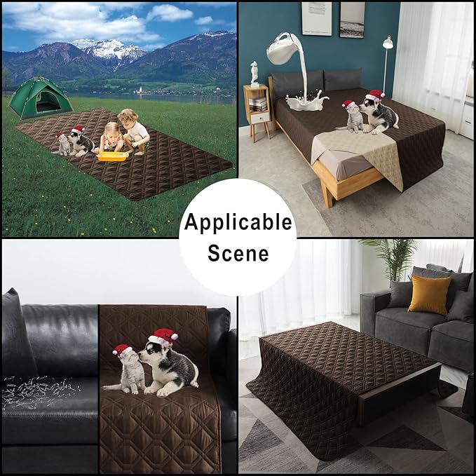 100% Waterproof Dog Bed Cover 86x82 inch Reversible Reusable Camping Mat for Kids/Pet/Dog/Cat Washable Geometric Embroidery Blanket Patchwork Brown+Beige