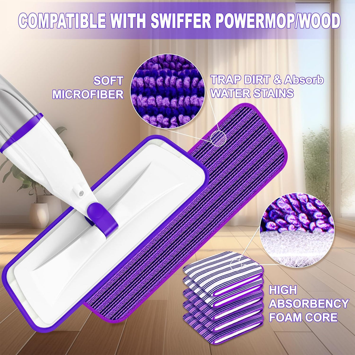Spray Mop for Hardwood Floor Cleaning: EXEGO Wet Mops with 5 Microfiber Refillable Pads for Swiffer Powermop - Mopping Tools with Sprayer for Tile Wood Laminate Vinyl Marble