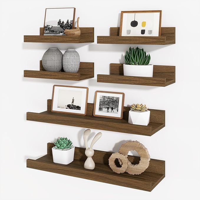 Axeman Picture Ledge Shelf, Floating Shelves for Wall Decor Storage Set of 6, 16 inch Floating Wall Mounted Shelves, Wall Shelves with Lip for Living Room, Bedroom, Nursery, Bathroom, Kitchen, Walnut