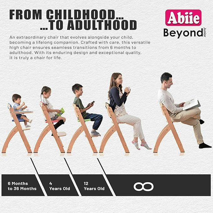 Abiie Beyond Junior Wooden High Chair with Tray - Adjustable and Convertible High Chair for Babies and Toddlers - 6 Months to 250 Lb - Water Resistant - Natural Wood/Black Pearl Cushion