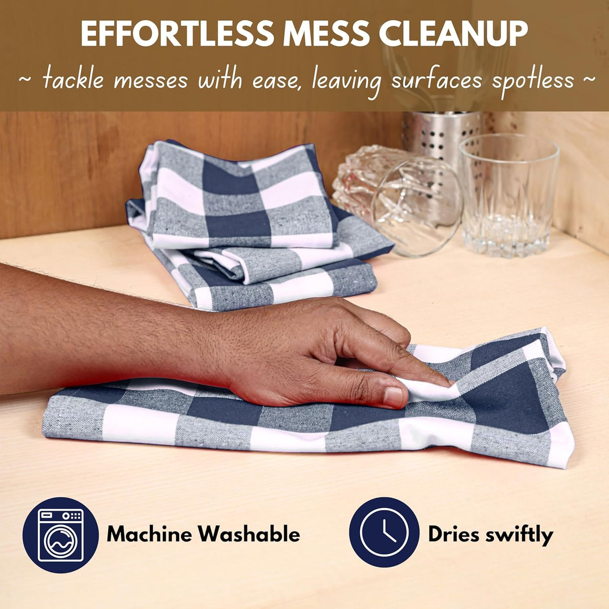 Native Fab 12-Pack Kitchen Towel with Hanging Loop 16x26 inches, Cotton Buffalo Check Kitchen Towels for Cleaning Drying, Washcloths Soft & Absorbent Cloth Rags, Bar Towel, Dish Cloth, Navy