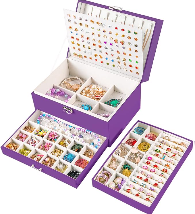 Earrings Jewelry Box for Girls, 5 Layers Jewelry Organizer with Earring Holder Organizer for Girls Earring Organizer Jewelry Boxes for Women Earrings and Necklaces Jewelry Box Organizer Purple