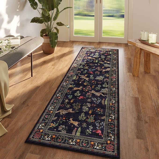 Rugcomf Runner Rug for Kitchen Rug Non Slip 2'6''x8' Washable Rugs with Rubber Backing Soft Floral Animal Carpet Runner for Kitchen, Laundry, Bedroom, Bathroom (Blue)