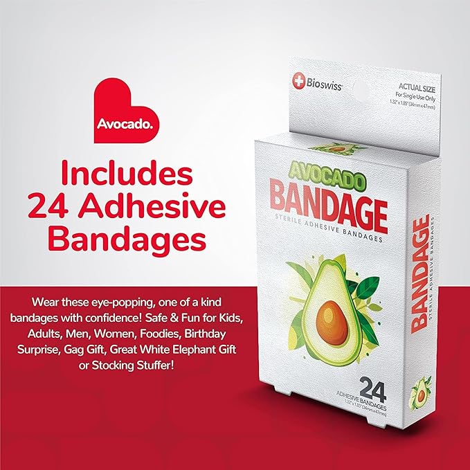 BioSwiss Bandages, Avocado Shaped Self Adhesive Bandage, Latex Free Sterile Wound Care, Fun First Aid Kit Supplies for Kids, 24 Count