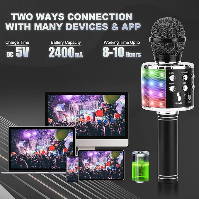 BlueFire 4 in 1 Karaoke Wireless Microphone with LED Lights, Portable Microphone for Kids, Great Gifts Toys for Kids, Girls, Boys and Adults (Black)