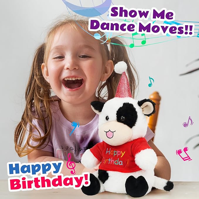 Cuteoy Happy Birthday Cow Musical Stuffed Animal Shaking Singing Dancing Plush Toy Electric Interactive Animated Plushies Gifts for Kids Girls Boys