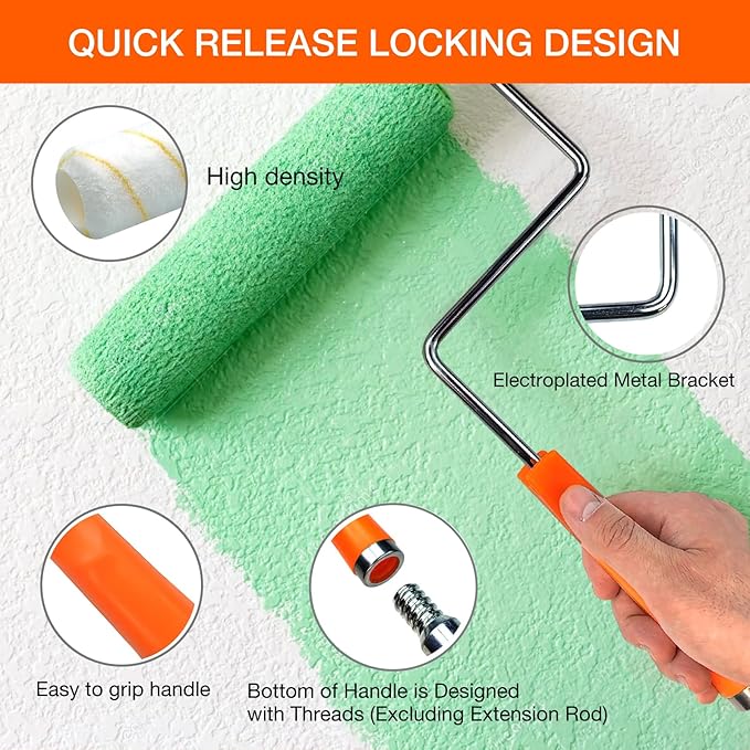 Great Andrew 9 Inch Paint Tray Set, 15-Pack, Plastic Paint Tray with 12 Textured Tray Liners, Paint Roller Liners Kit with Roller and Wire Roller Frame for Painting Walls, Ceilings, Trim, Siding