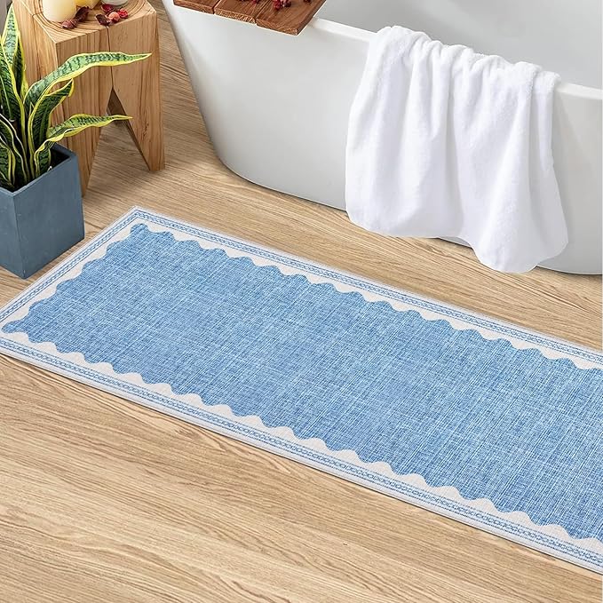 Scalloped Rug 2x6 Runners for Hallways, Solid Blue Runner Rug Non Slip Scalloped Bath Runner, Washable Rugs for Bedroom Girls, Rugs for Kitchen Floor Soft Dorm Nursery Carpet for Bedside