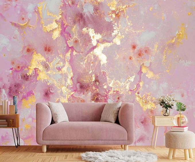 Pink Marble Wallpaper Abstract Gold Texture Murals for Boys and Girls Bedroom Living Room Large Fabric Wall Mural(Not Self-Adhesive)