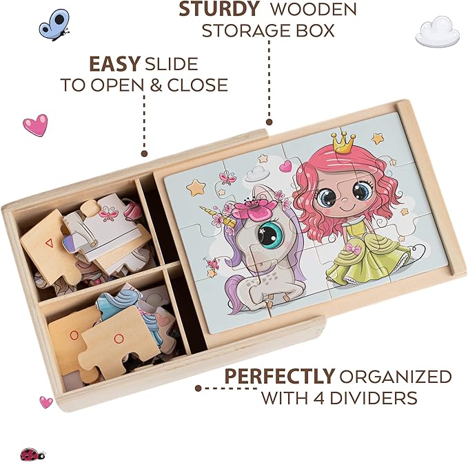 4-in-1 Princess Jigsaw Puzzles for Kids, Wood Puzzles for Kids Ages 3-5 48 Piece Wooden Puzzles for Toddlers 3-5, Wooden Puzzles for Toddlers, Essential Skills Gift for Girls Princesses