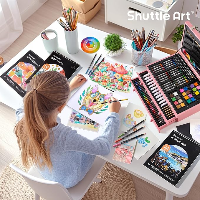 Shuttle Art Deluxe Gift Art Kit, 202-Piece Wooden Art Supplies Set with 4 Drawing Pads, Canvases, Coloring Sheets, Acrylic Paint, Crayons, Oil Pastels, Colored Pencils for Kids