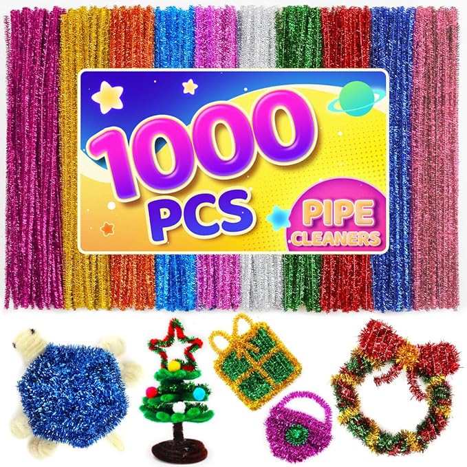 Eppingwin 1000pcs Pipe Cleaners, Glitter Pipe Cleaners Craft Supplies, 10 Colors Chenille Stems for DIY Arts Crafts Project