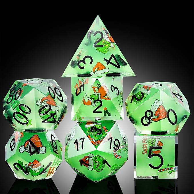 DNDND Full 7 Piece Sharp Edge Dice Set with Carton Stickers for Dungeons and Dragons D&D Table Games (Green with Carton)
