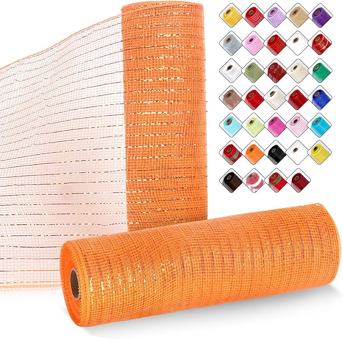 2 Rolls Mesh Ribbon for Wreaths 10 Inch x 30 Foot Wreath Mesh Rolls with Metallic Foil for Easter Christmas Party Wedding Home Decor DIY Craft Projects and Gift Wrapping (Orange)