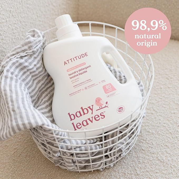 ATTITUDE Baby Laundry Detergent Liquid, EWG Verified, Safe for Baby Clothes, Infant and Newborn, Vegan and Naturally Derived Washing Soap, HE Compatible, Unscented, 80 Loads, 67.6 Fl Oz