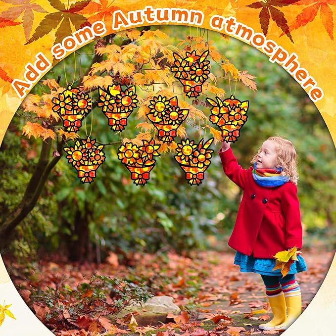 QOUBAI 32 Sets Fall Bouquet Suncatchers Craft Kit DIY Window Stained Glass Effect Autumn Bouquet Paper Crafts Home School Classroom Decoration Kid Birthday Gift Creative Art Project Activity Game
