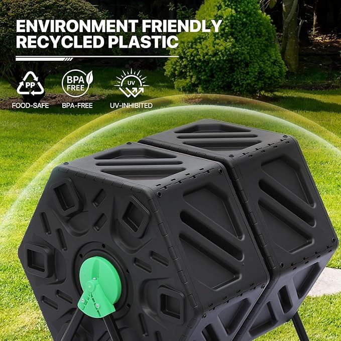 MoNiBloom 34 Gallon Compost Bins Outdoor Dual Chamber Composter Tumbler, All-Season Fast Working Tumbling Composter, High Volume Composter with 2 Sliding Doors