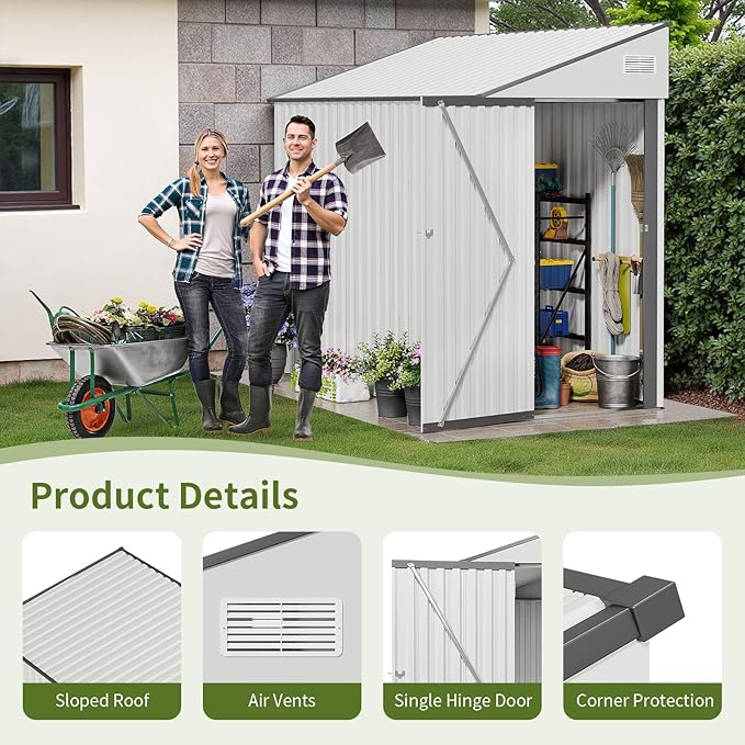 4x8 Lean to Metal Shed - White, Heavy-Duty Outdoor Storage for Bikes, Tools, Lawn Mowers & Firewood, Rust-Resistant Wall Side Design Sheds with Lockable Door, Waterproof Coating & Sloped Roof