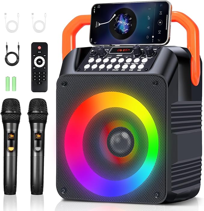 Karaoke Machine,Karaoke Machine for Adults with 2 Wireless Microphones/6.5IN Speaker/PA System with Remote Control/LED Light/Remote Control,Portable Bluetooth Karaoke Speaker Supports TWS/REC/AUX/USB