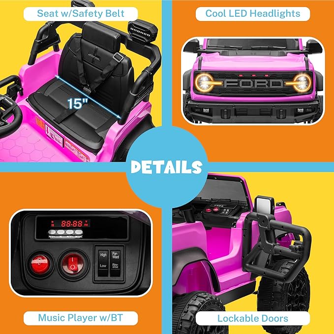 ENYOPRO 12V Ford Bronco Raptor Ride On Car for Kids, Electric Power Car Ride-On Toy for Toddlers w/Remote Control, 4 Wheels Spring Suspension, Bluetooth Music, Radio, LED Lights, 2 Speed (Pink)