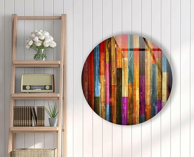 My Photostation.com 27.5''(70cm) Diameter Colorful Wood Pattern Round Glass Wall Art Tempered Glass Printing Wall Decor Large Wall Art Wall Hangings