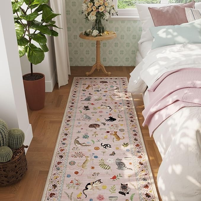 Rugcomf Runners for Kitchen Runner Rug Non Slip 2'x10' Long Washable Rugs with Rubber Backing Soft Floral Animal Cat Carpet Runner for Kitchen Laundry Bedroom Bathroom, Pink