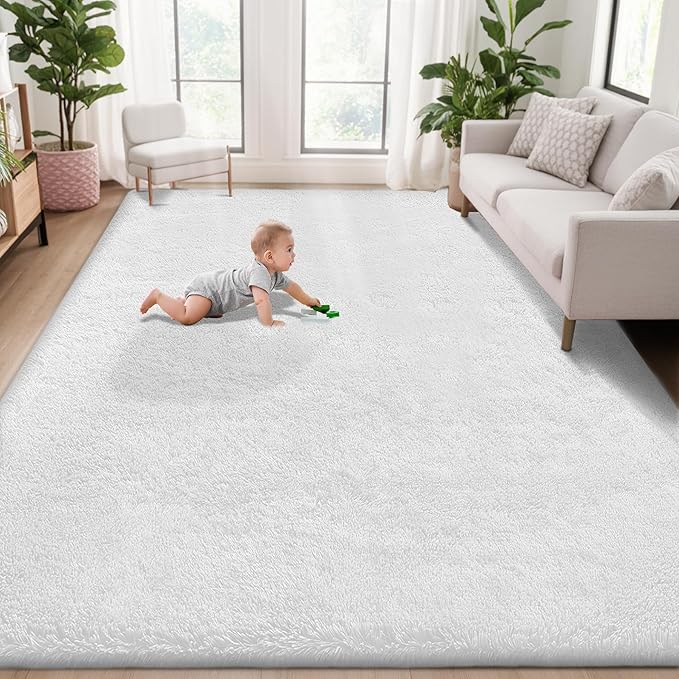 5x7 Area Rug for Living Room: Fluffy Shag Soft Washable Rugs Fuzzy Plush Indoor Carpet for Bedroom Nursery Playroom Dorm Kids Girls Boys Room (White, 5'x7')
