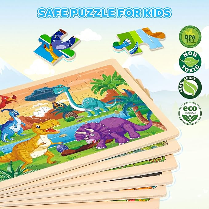 LACCHOUFEE 6 Pack Wooden Vehicle Puzzles for Kids Age 3 4 5 Year Old, 60 Pcs Montessori Toddler Animals Jigsaw Puzzles for Girl boy Activities Preschool Learning Birthday Gift Travel Autistic Toy