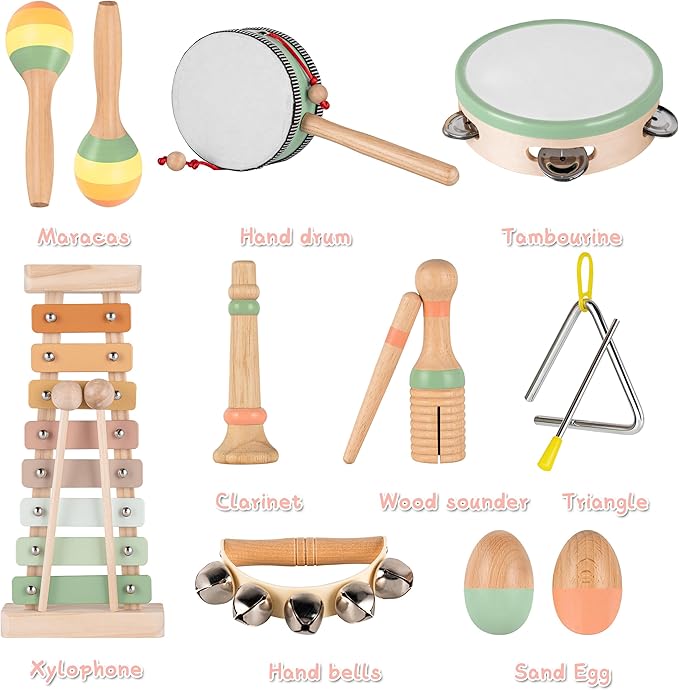 VINJOE Baby Musical Instruments-Toddler Montessori Wooden Musical Toys for Kids 1-3, Neutral Colors Percussion Instruments Set Early Learning Musical Toys for Preschool Educational Birthday Gifts