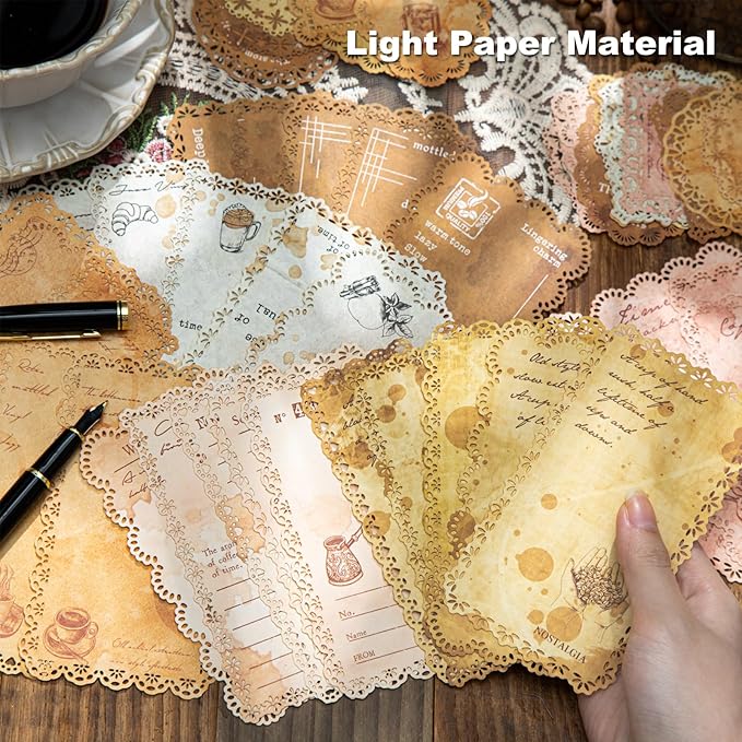 Coffee-Themed Lace Paper Set, 60 PCS Retro Lightweight Journaling Paper for Scrapbooking, DIY Crafts, Card Making, and Planners