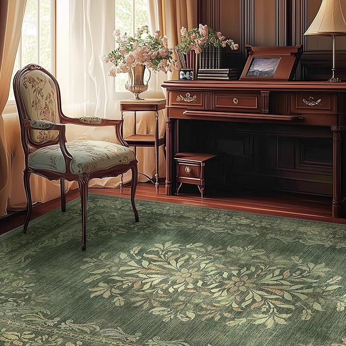 jinchan Green Floral 8x10 Area Rugs for Living Room - Machine Washable Vintage Distressed Design Soft Throw Rug Non-Slip Large Carpet for Bedroom Nursery Dining Room Home Office (8x10ft,Dark Green)