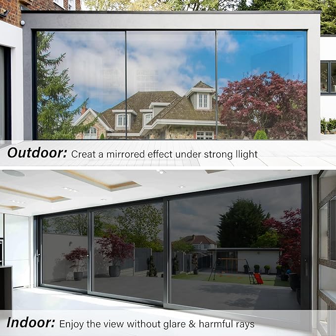 Kromapolis One Way Window Privacy Film Reflective Mirror Home Window Tint, Daytime Privacy Heat Control Anti UV Glass Tinting Static Cling (Black-Silver, 23.6 x 78.7 inch)
