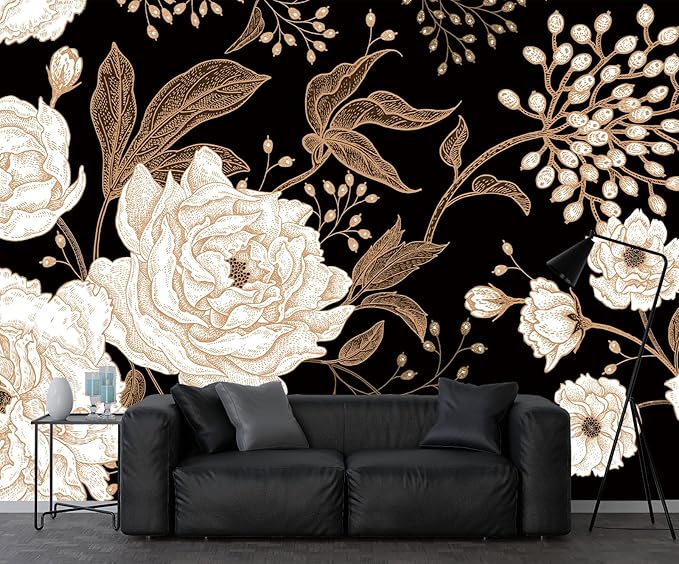 Vintage White Rose Floral Wallpaper Peony Wall Mural Large Black Background Wall Decor for Living Room Bedroom Dining Room Basement(Not Self-Adhesive)
