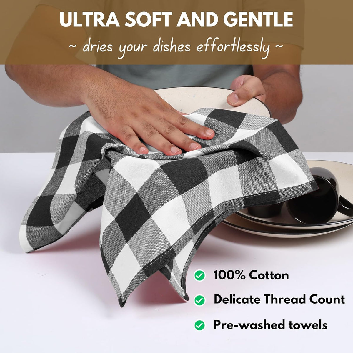 Native Fab 12-Pack Kitchen Towel with Hanging Loop 16x26 inches, Cotton Buffalo Check Kitchen Towels for Cleaning Drying, Washcloths Soft & Absorbent Cloth Rags, Bar Towel, Dish Cloth, Black