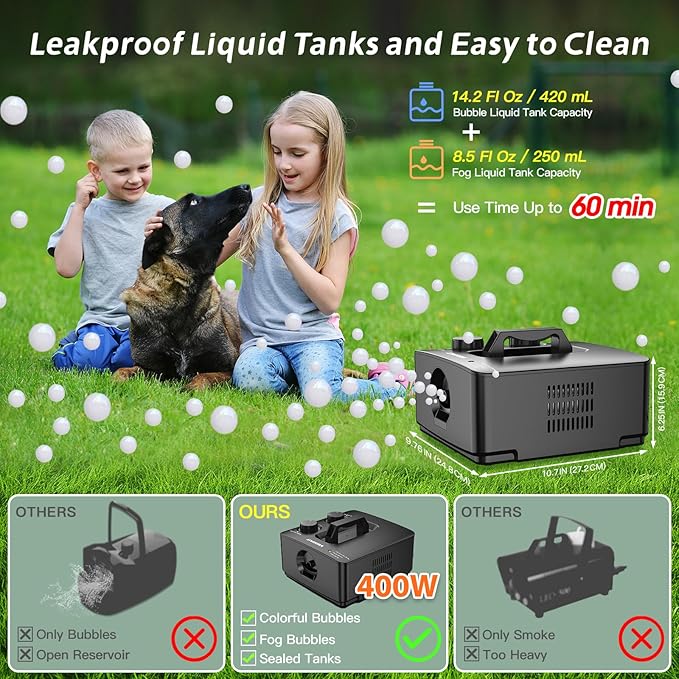 Fog Bubble Machine, 2 in 1 Smoke Bubble Maker, 400W No-Spill Smoke Bubble Blower, Make Colorful Bubbles | White Fog Bubbles for Indoor Outdoor Birthday Halloween Party