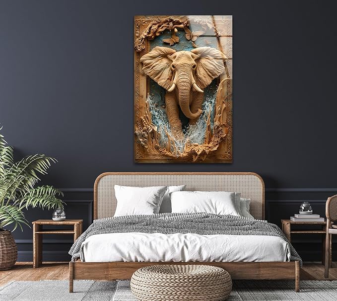 My Photostation.com Round 24'' Elephant Carving Glass Wall Art Tempered Glass Printing Wall Decor Large Wall Art Wall Hangings