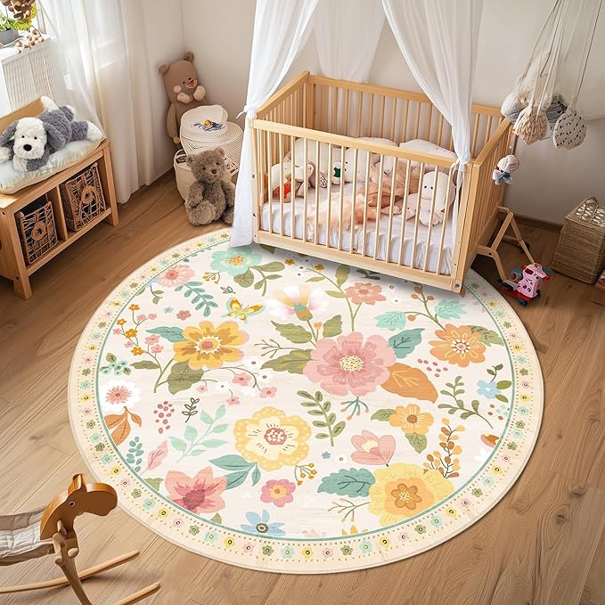 Floral 4ft Area Rug Machine Washable Soft Print Boho Carpet Non Slip Doormat Low Pile Flower Area Rugs for Living Room Bedroom Nursery Kitchen Dining Room Indoor-Beige/White/Orange