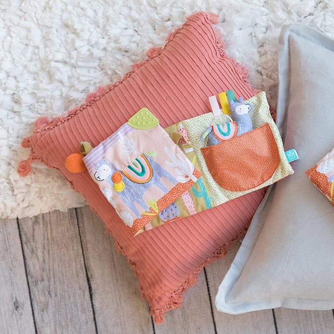 Manhattan Toy Llama Themed Soft Baby Activity Book with Squeaker, Crinkle Paper and Baby-safe Mirror Small