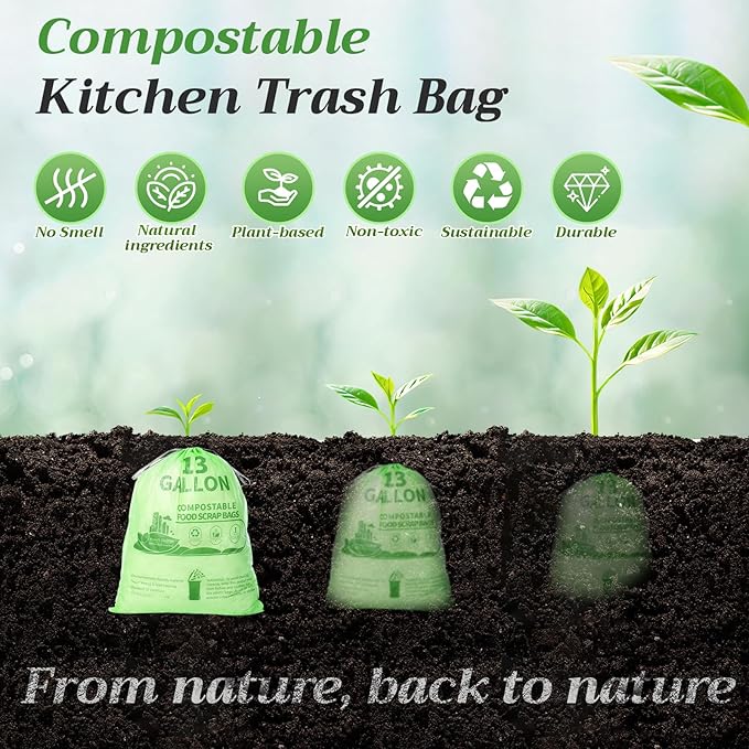Amyhill 100 Count 13 Gallon Compostable Trash Bags Drawstring Heavy Duty Extra Thick 1.58 Mil 49.2 Liter Garbage Bags 13 Gallon Tall Kitchen Food Scrap Waste for Home Bathroom Garbage, Green