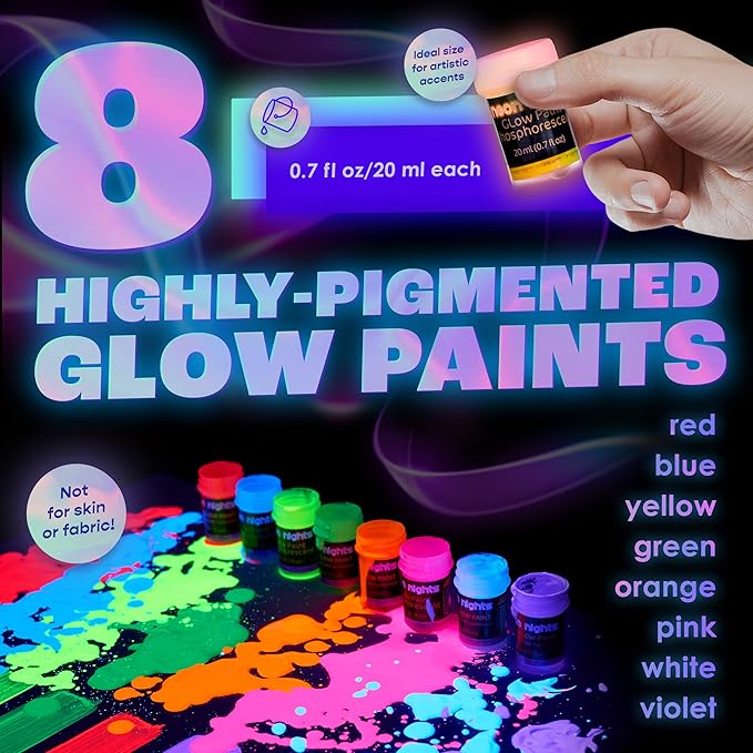 neon nights Glow in The Dark | Luminescent | Phosphorescent | Self-Luminous Paint - Set of 8