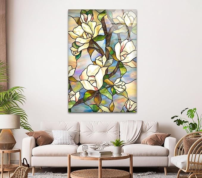 My Photostation.com 18Wx28H'' Stained Magnolia Glass Wall Art Tempered Glass Printing Wall Decor Large Wall Art Wall Hangings