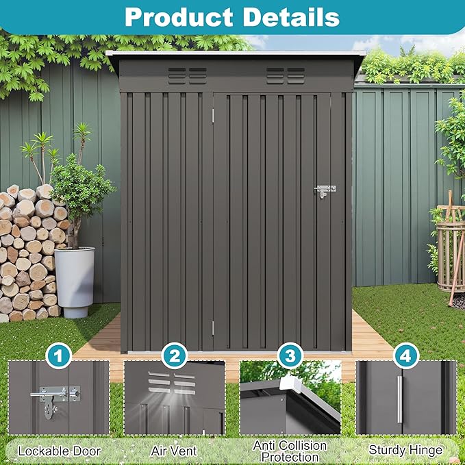 5X3 FT Outdoor Metal Storage Shed, Tool Shed with Pitched Roof and Lockable Door, Compact Garden Shed for Backyard Garden Patio Lawn, Gray