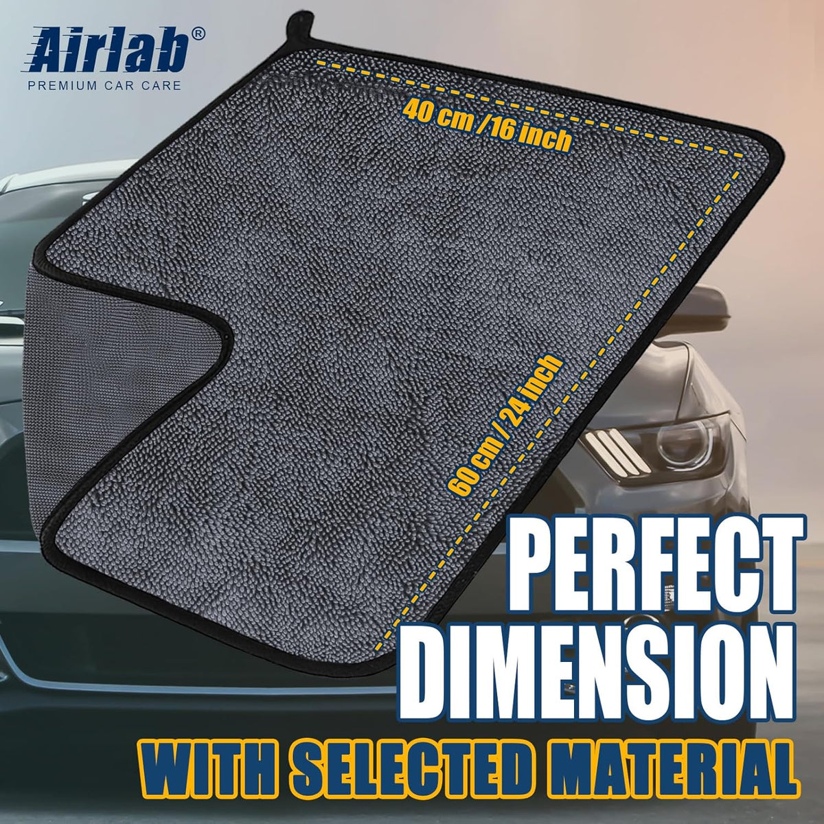 Airlab Microfiber Towels for Cars Wash Drying Super Absorbent Cleaning Cloth Auto Detailing Ultra Soft, Lint-Free, Streak-Free, 24 x 16 Inch, Pack of 2, Grey-Black, 600 GSM