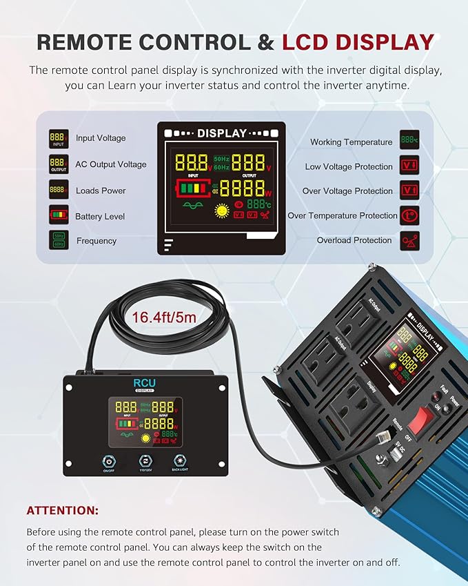 2000 Watt Inverter Pure Sine Wave DC 24V to 110V/120V AC Power Inverters with 3 AC Charger Outlets Car Solar Converter for Vehicles Home with LCD Display and 2.4A USB Charging Port