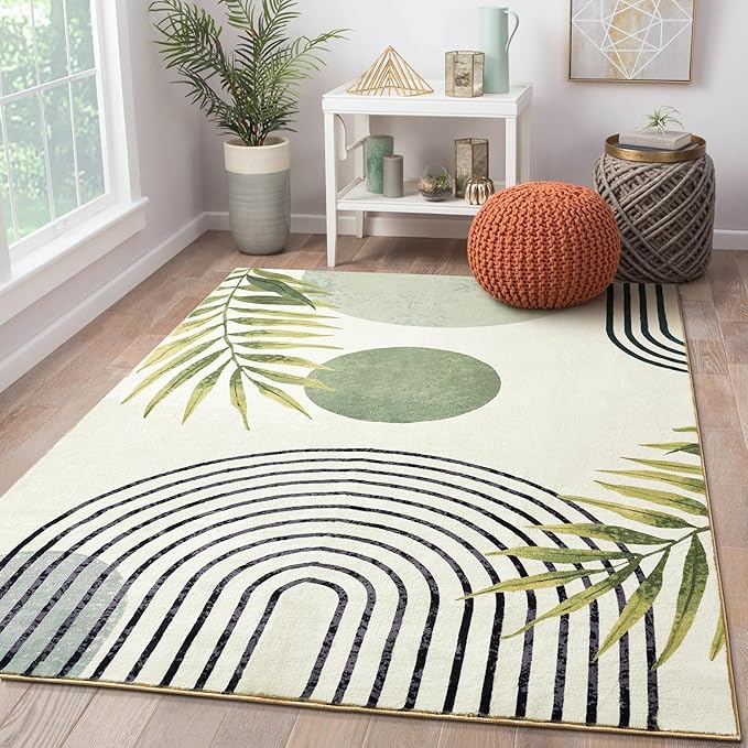 RoomTalks Mid Century Modern Washable Rug, Green Boho Cute Aesthetic 5x7 Area Rugs for Bedroom Dining Room Living Room Office, Abstract Tropical Leaves Thin Shaggy Indoor Entryway Rug Carpet