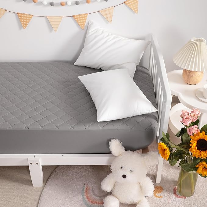 NTBAY 2 Pack Waterproof Mini Crib Mattress Protector, Quilted 24"x38" Fitted Mattress Cover - Machine Washable - Soft and Breathable Baby Mattress Pad Sheet for Mini Crib and Baby Playards, Smoke Grey
