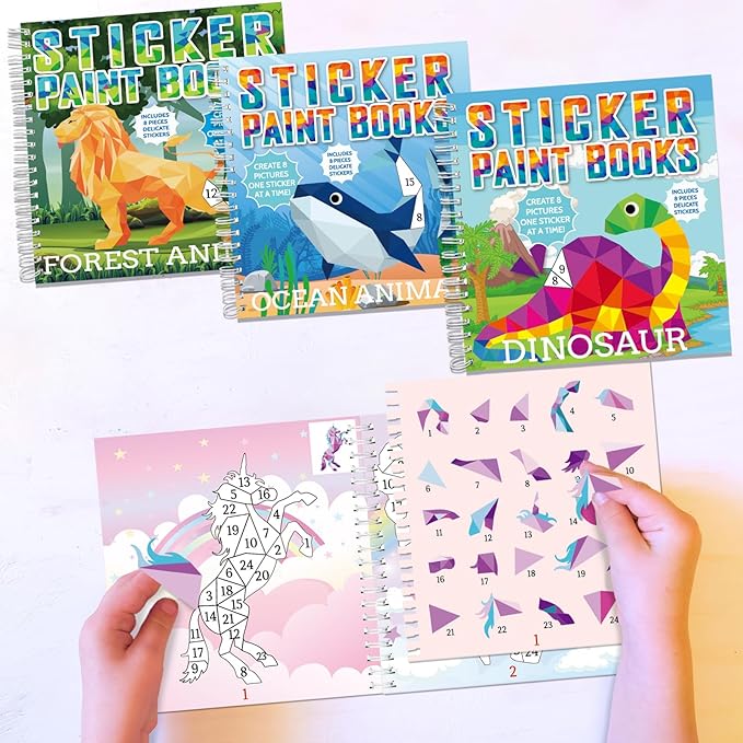 4 Pcs Paint by Sticker Books for Kids Ages 4-8 Sticker by Number Books Activity Book for Kids Ages 3-5 Sticker Puzzle Book Craft Art Toddler Girls Gift with Dinosaur Unicorn Ocean Animal 32 Pictures