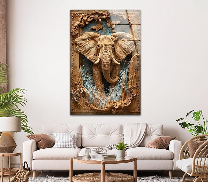 My Photostation.com 27Wx43H'' Elephant Carving Glass Wall Art Tempered Glass Printing Wall Decor Large Wall Art Wall Hangings