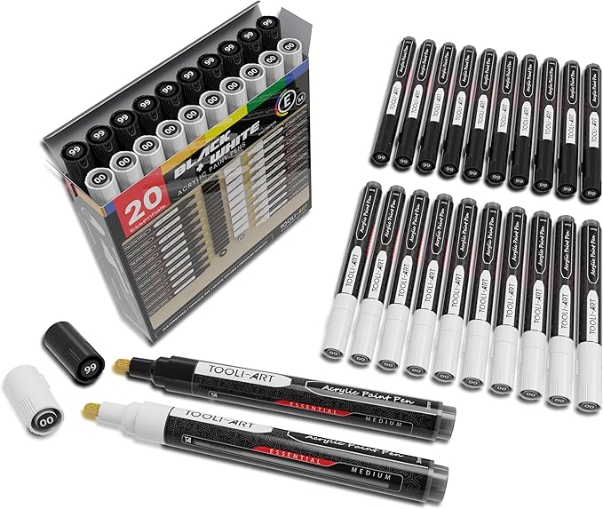 TOOLI-ART Black And White Acrylic Paint Markers Paint Pens Set For Rock Painting, Canvas, Mugs, Metal, Glass Paint, Fabric, Wood, DIY. Non Toxic, Quick Dry,Waterbas (MEDIUM)
