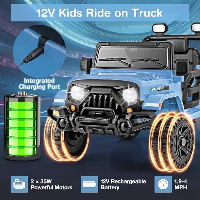 Costzon 12V Kids Ride on Truck Car, Electric Vehicle w/Remote Control, Threaded Wheels, 3 Speeds, LED Lights, Music, Horn & Wireless Connection, Battery Powered Ride on Toy for Boys & Girls 3+ (Blue)